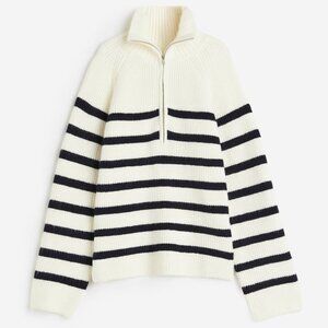 NEW H&M Rib-knit Half-zip Sweater Jumper - Cream Striped